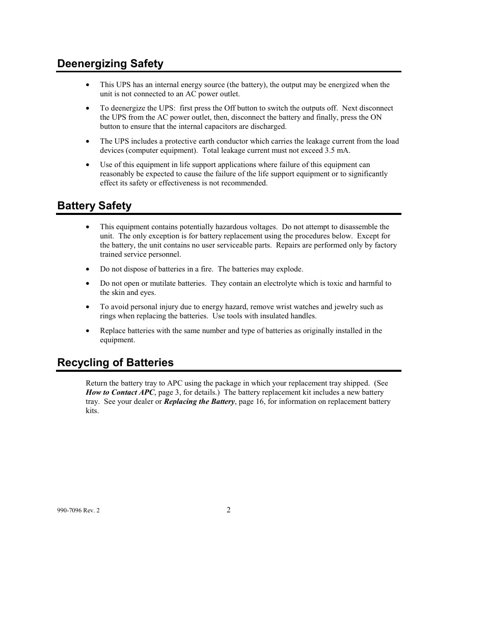 Deenergizing safety, Battery safety, Recycling of batteries | American Power Conversion 100 VAC User Manual | Page 6 / 25