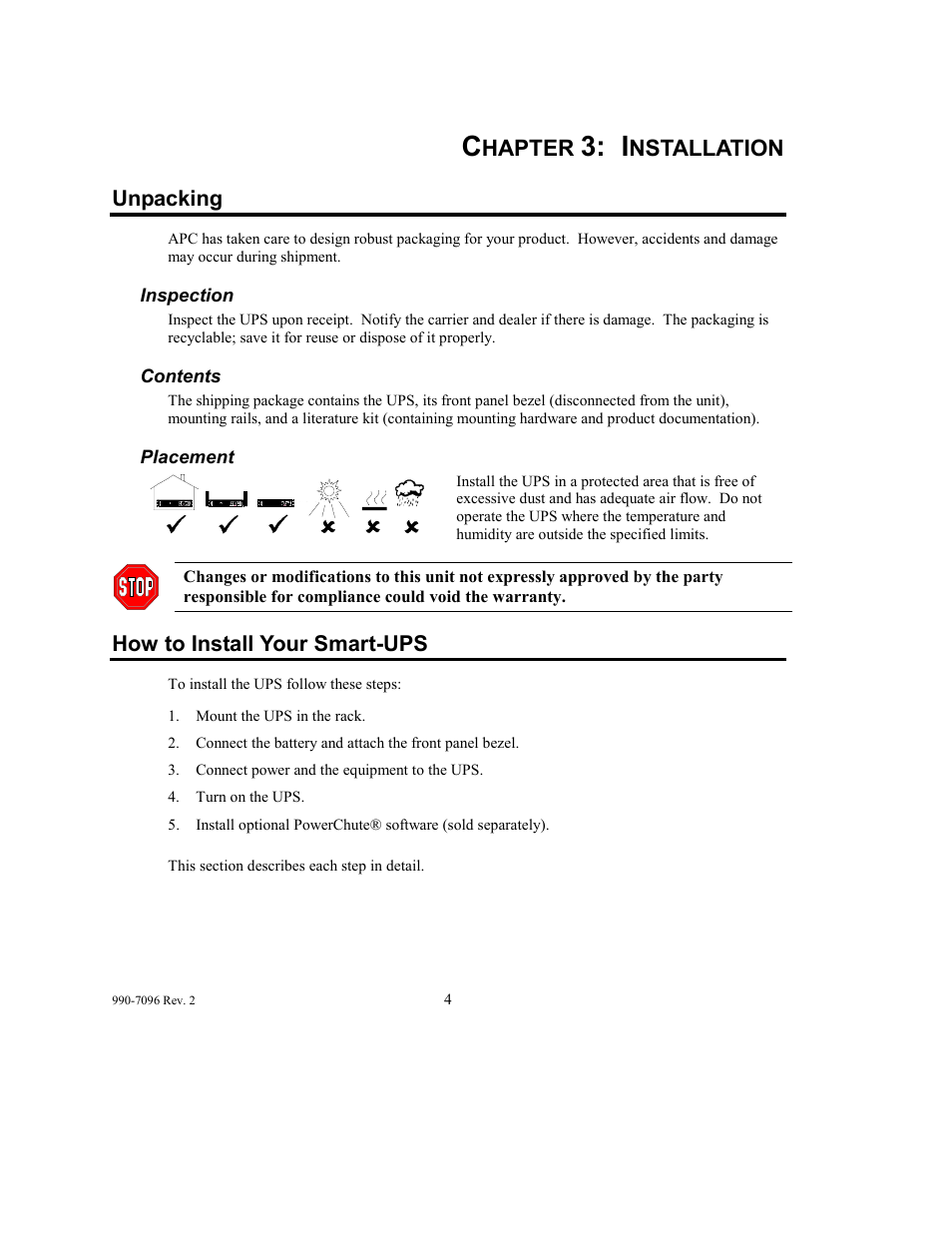 Hapter, Nstallation, Unpacking | How to install your smart-ups | American Power Conversion 100 VAC User Manual | Page 8 / 25