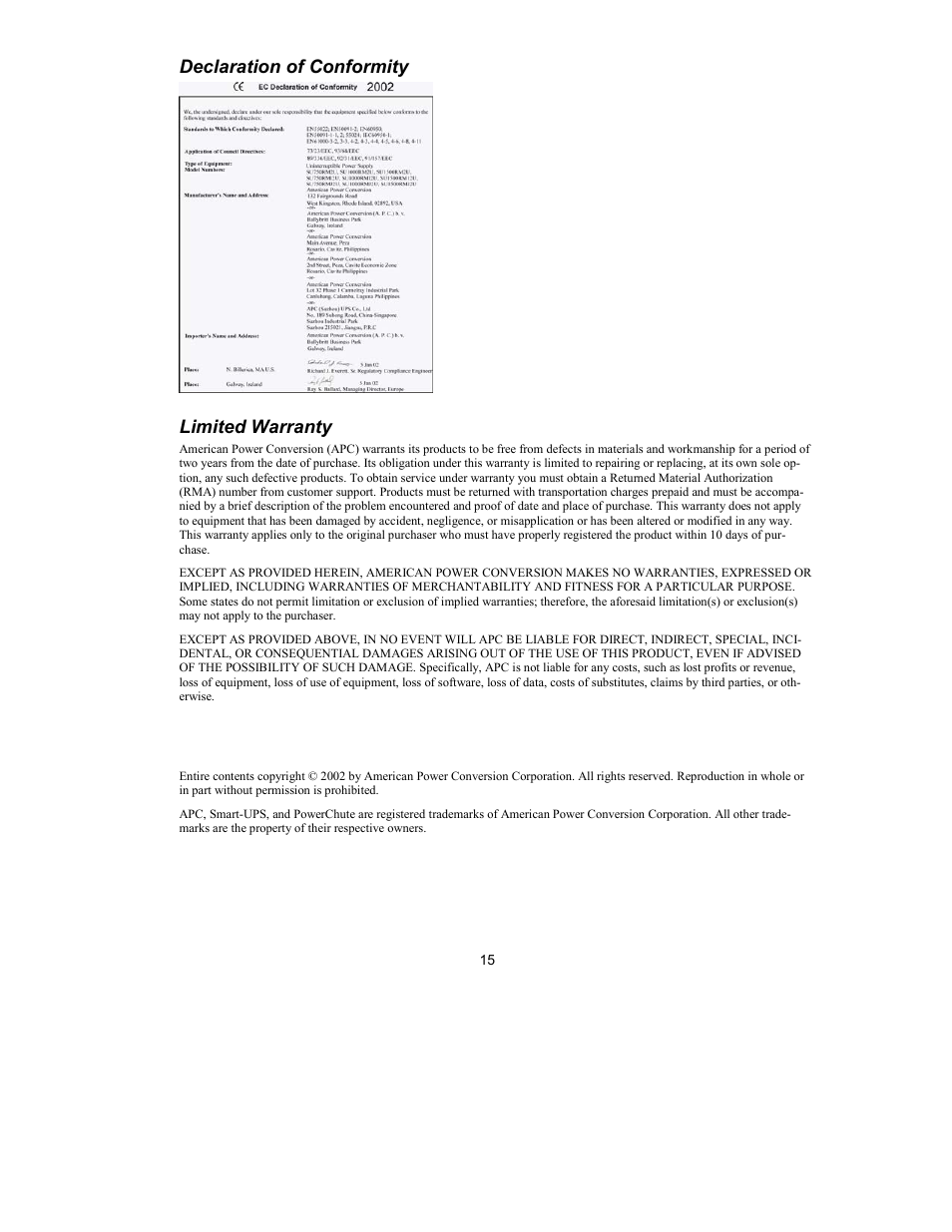 Declaration of conformity, Limited warranty | American Power Conversion 230 VAC User Manual | Page 17 / 17