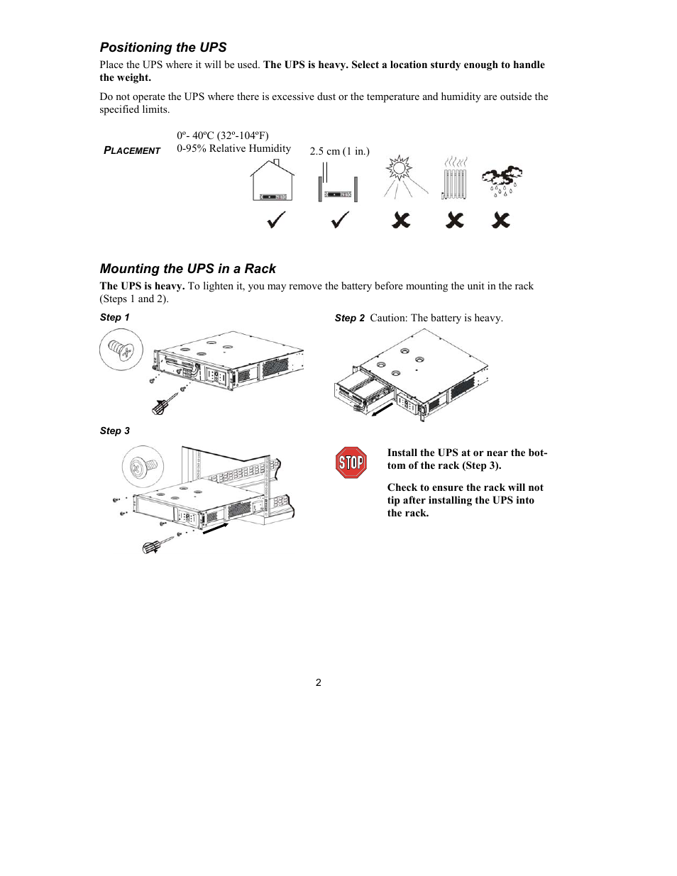 Positioning the ups, Mounting the ups in a rack | American Power Conversion 230 VAC User Manual | Page 4 / 17