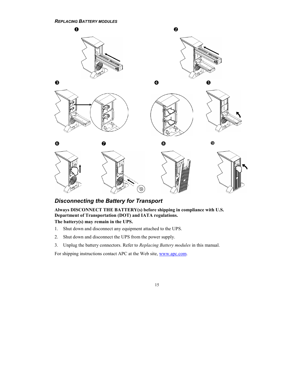 Disconnecting the battery for transport | American Power Conversion 5000 VA User Manual | Page 17 / 23