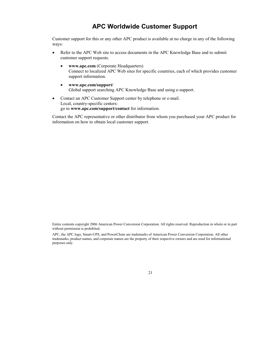 Apc worldwide customer support | American Power Conversion 5000 VA User Manual | Page 23 / 23