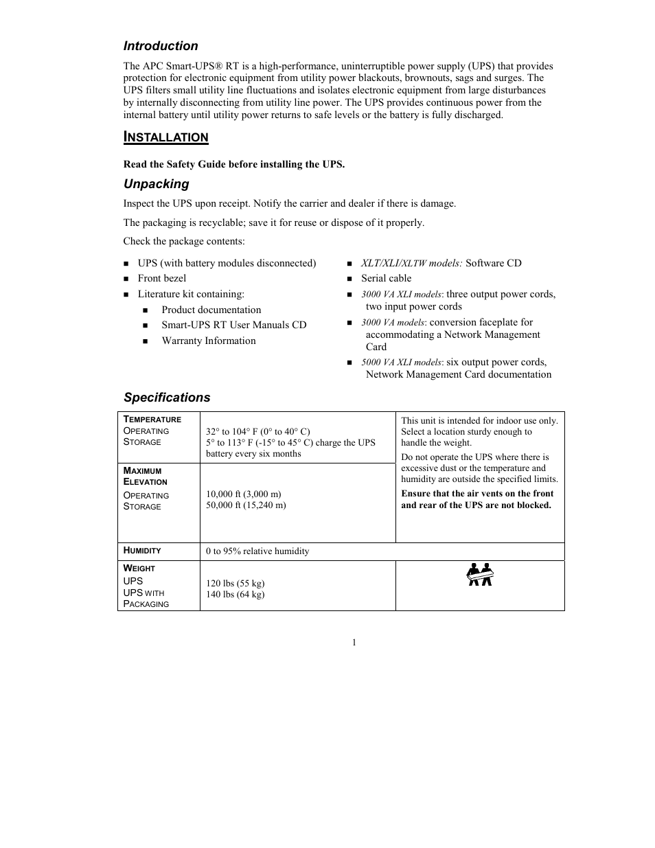 Introduction, Unpacking, Specifications | Nstallation | American Power Conversion 5000 VA User Manual | Page 3 / 23