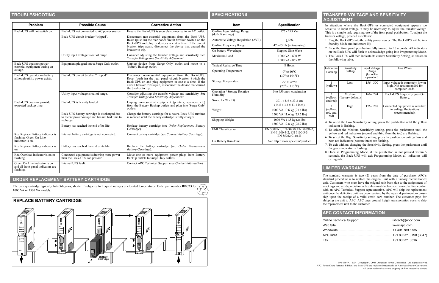 Specifications, Troubleshooting, Limited warranty | Transfer voltage and sensitivity, Adjustment apc contact information | American Power Conversion RS 1500 User Manual | Page 2 / 2