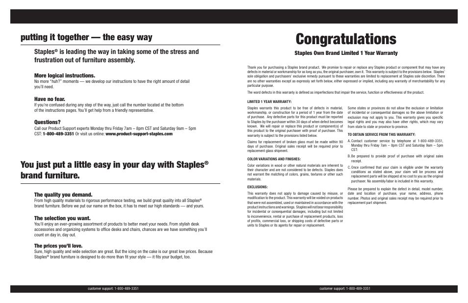 Putting it together — the easy way, Brand furniture, Staples | Altra Furniture 36" Glass Computer Desk User Manual | Page 2 / 7