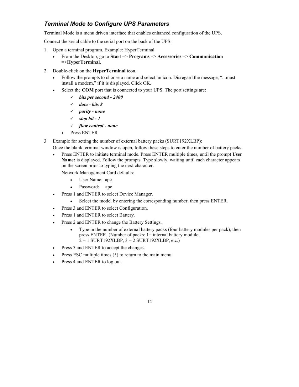 Terminal mode to configure ups parameters | American Power Conversion 8000VA User Manual | Page 14 / 21