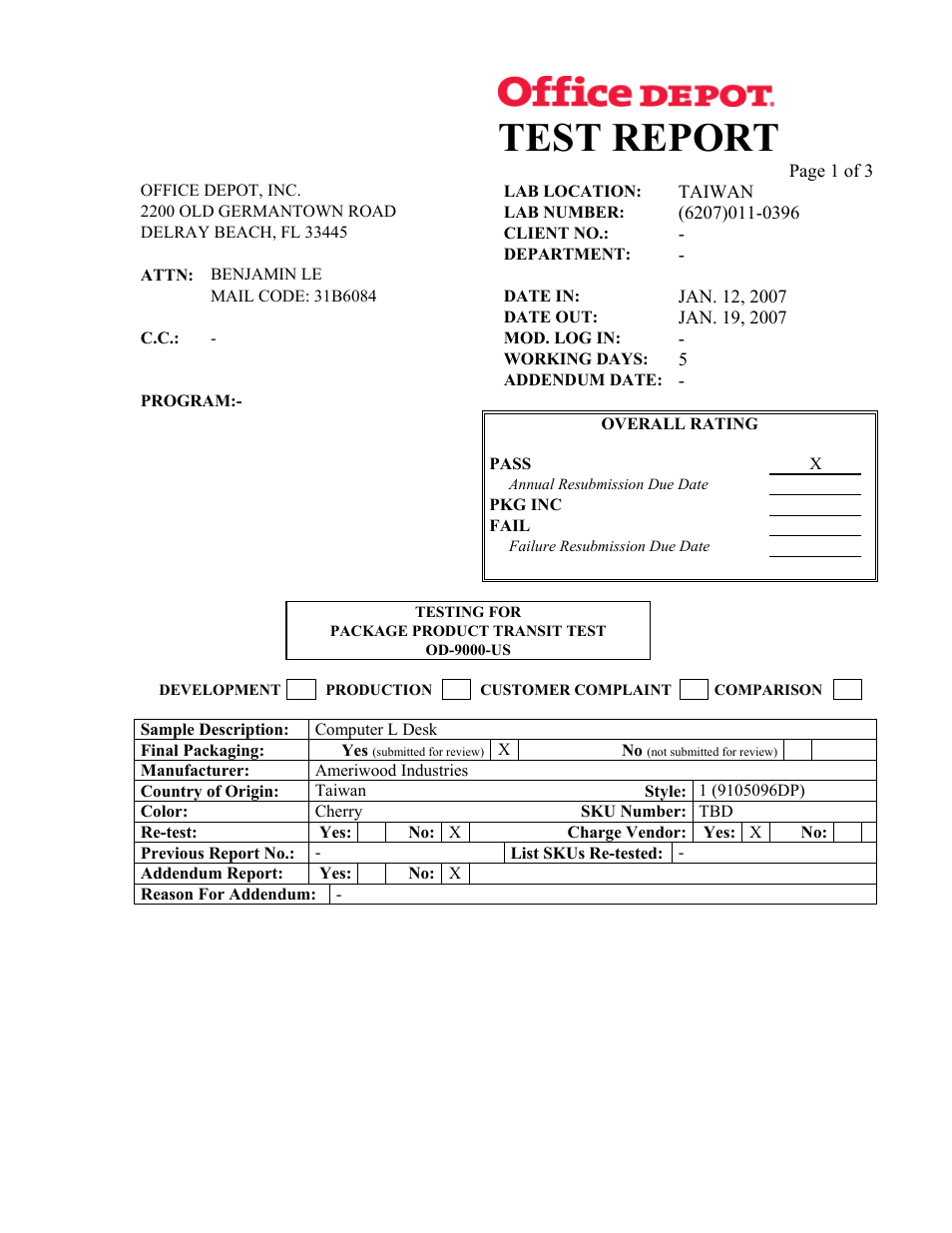 Overall rating, Pass, Annual resubmission due date | Development, Production, Customer complaint, Comparison, Test report | Altra Furniture Black Mezza L Desk User Manual | Page 3 / 7