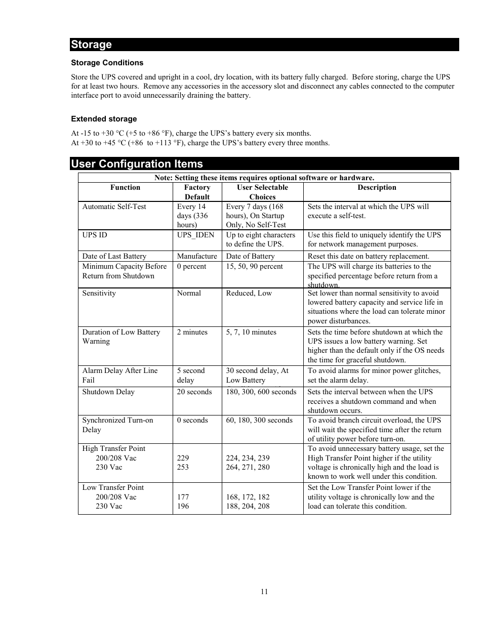 Storage, User configuration items | American Power Conversion 5000RMB User Manual | Page 17 / 23