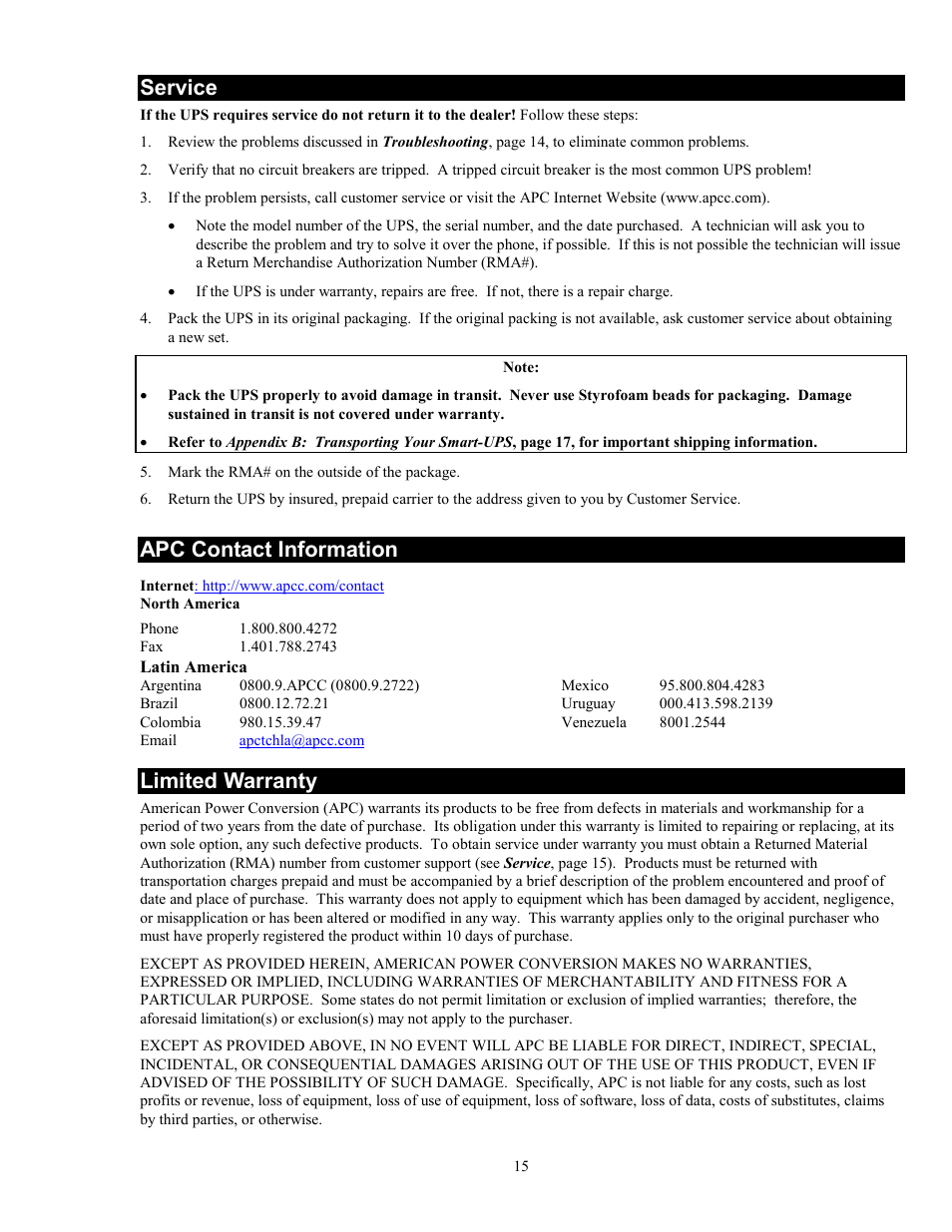Service, Apc contact information, Limited warranty | American Power Conversion 5000RMB User Manual | Page 21 / 23