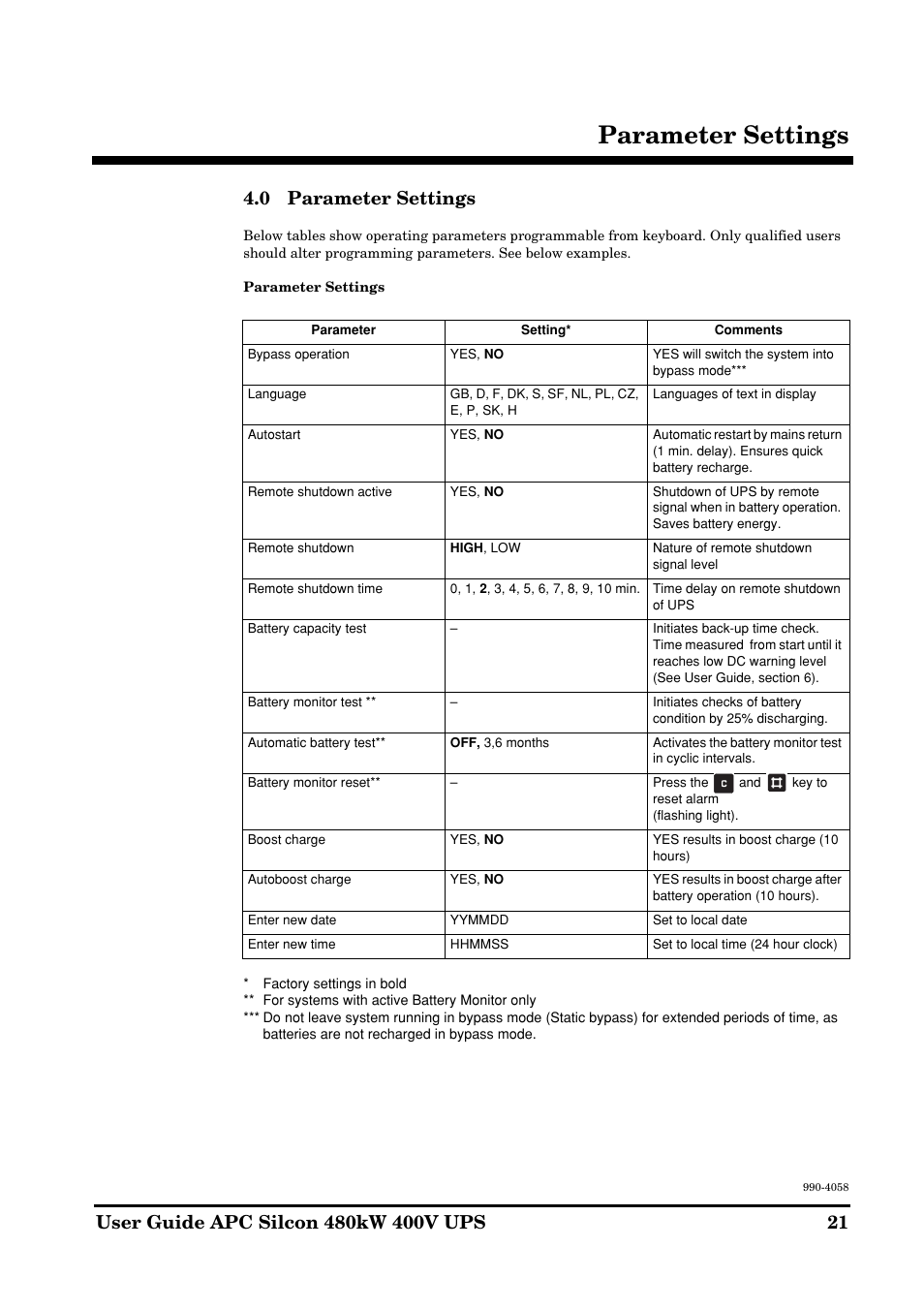 Parameter settings | American Power Conversion 480kW400V User Manual | Page 21 / 32