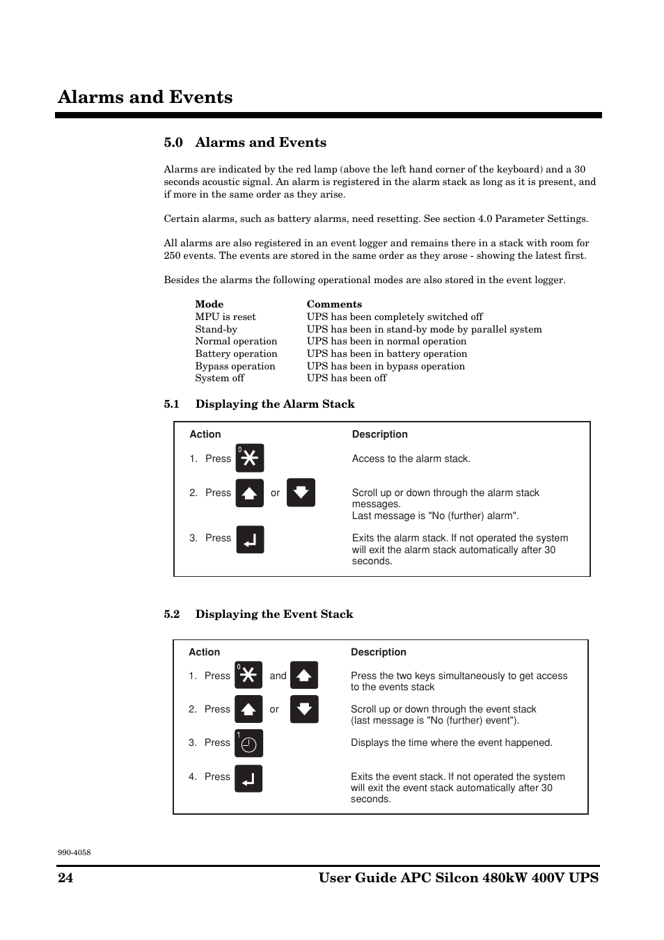 Alarms and events, 0 alarms and events | American Power Conversion 480kW400V User Manual | Page 24 / 32