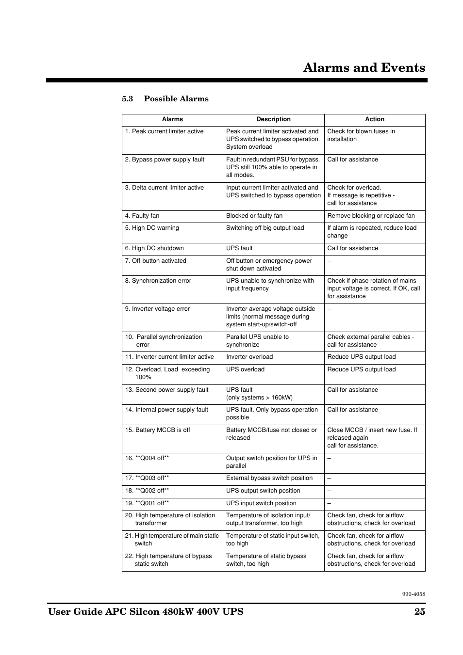 Alarms and events, 3 possible alarms | American Power Conversion 480kW400V User Manual | Page 25 / 32