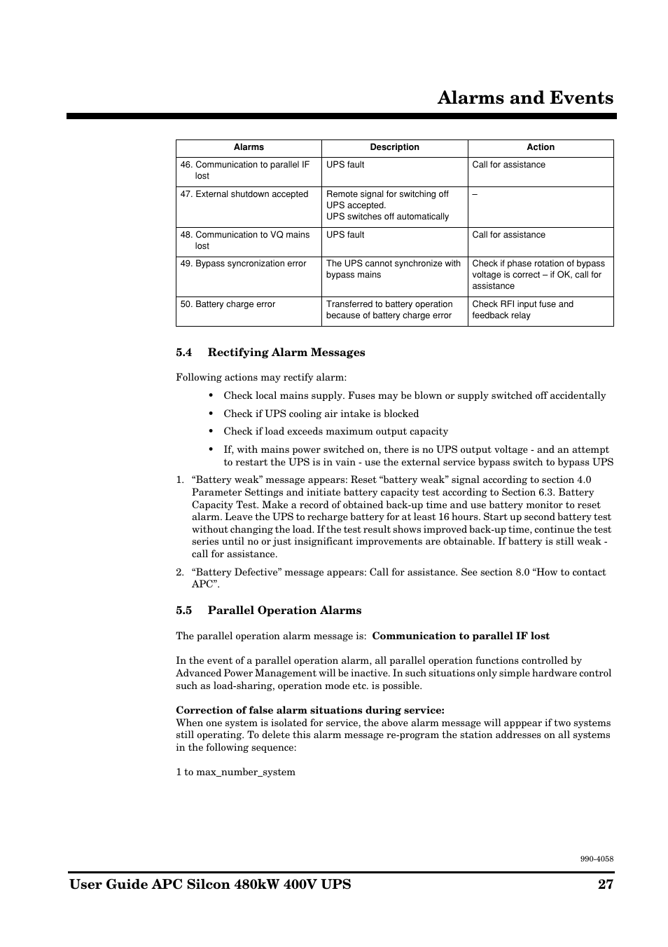 Alarms and events | American Power Conversion 480kW400V User Manual | Page 27 / 32