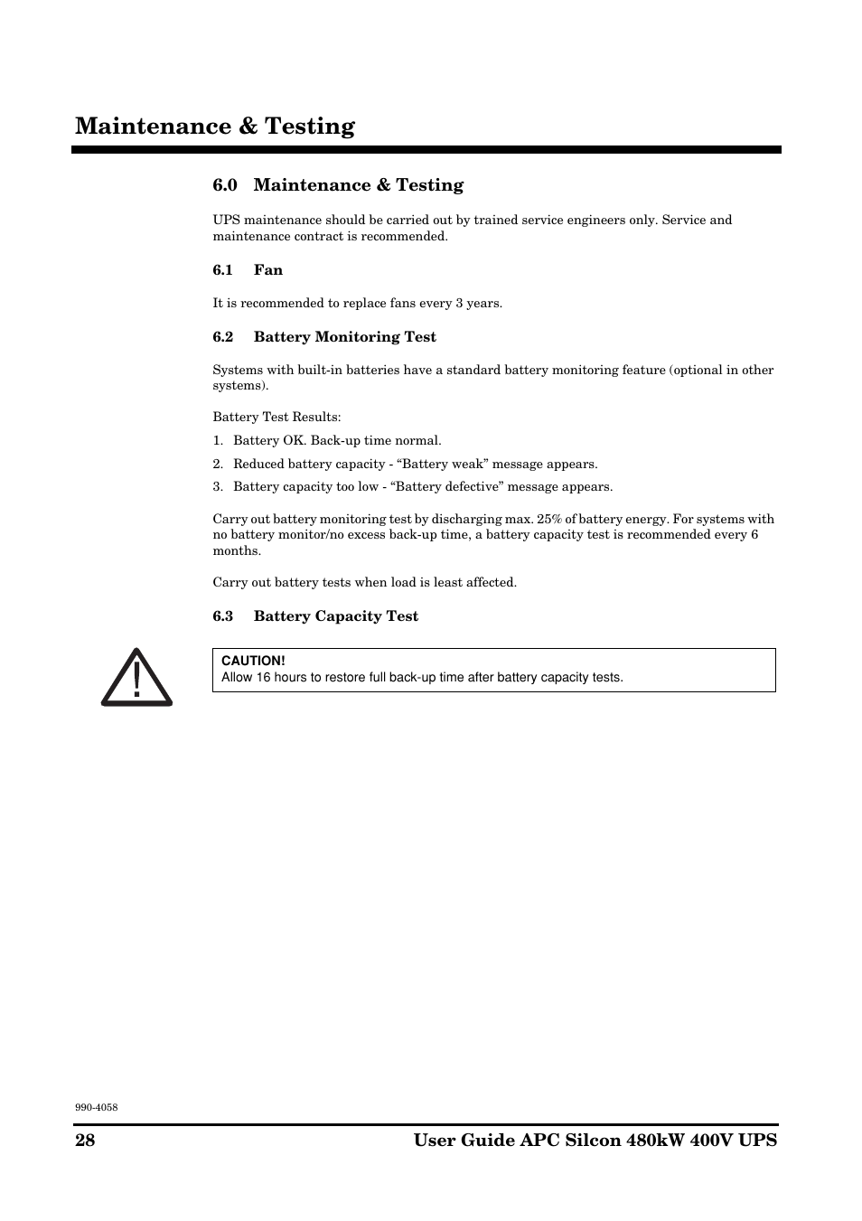 Maintenance & testing, 0 maintenance & testing | American Power Conversion 480kW400V User Manual | Page 28 / 32