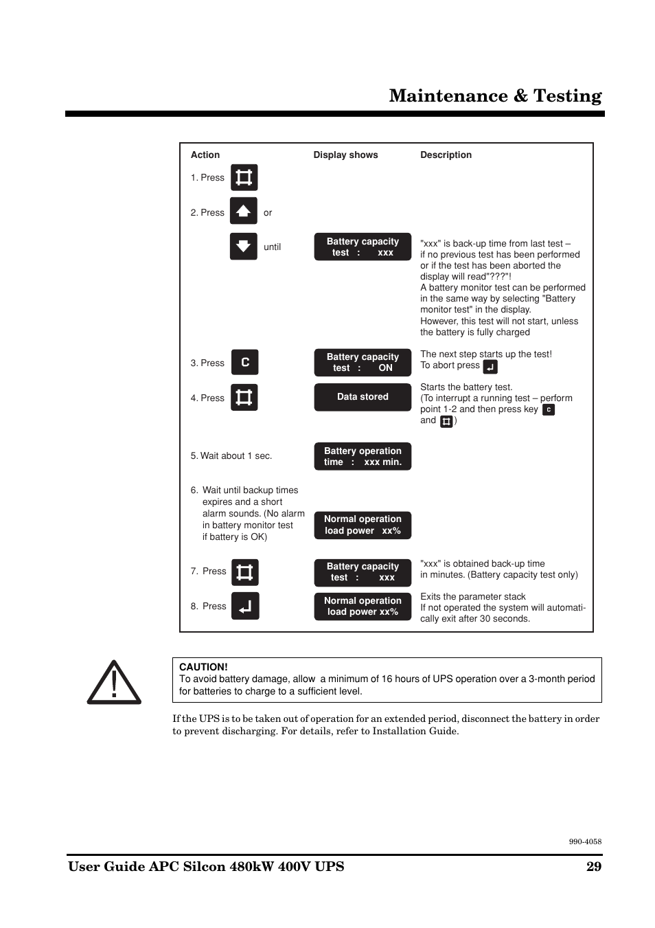 Maintenance & testing | American Power Conversion 480kW400V User Manual | Page 29 / 32