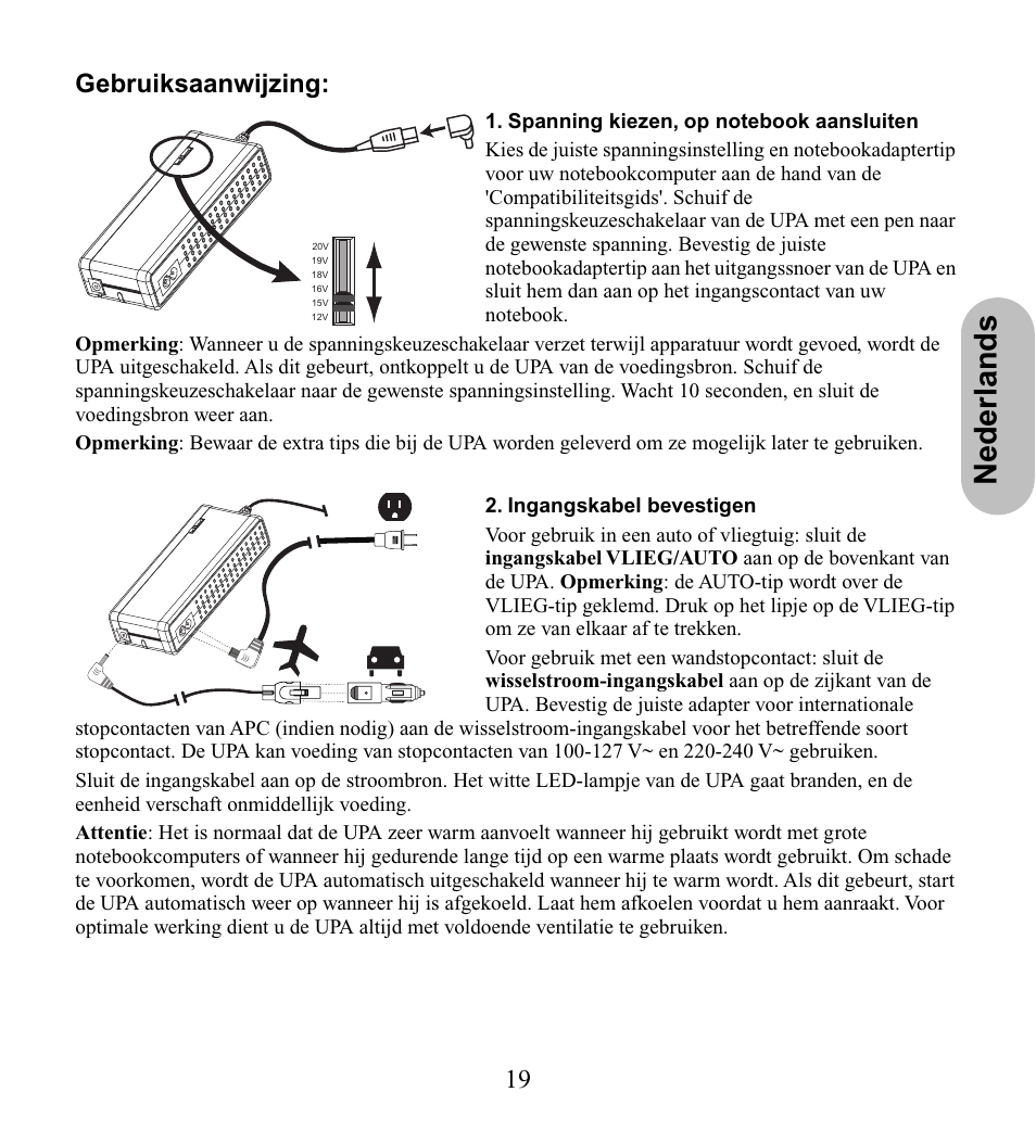Nederlands, 19 gebruiksaanwijzing | American Power Conversion UPA9 User Manual | Page 21 / 52