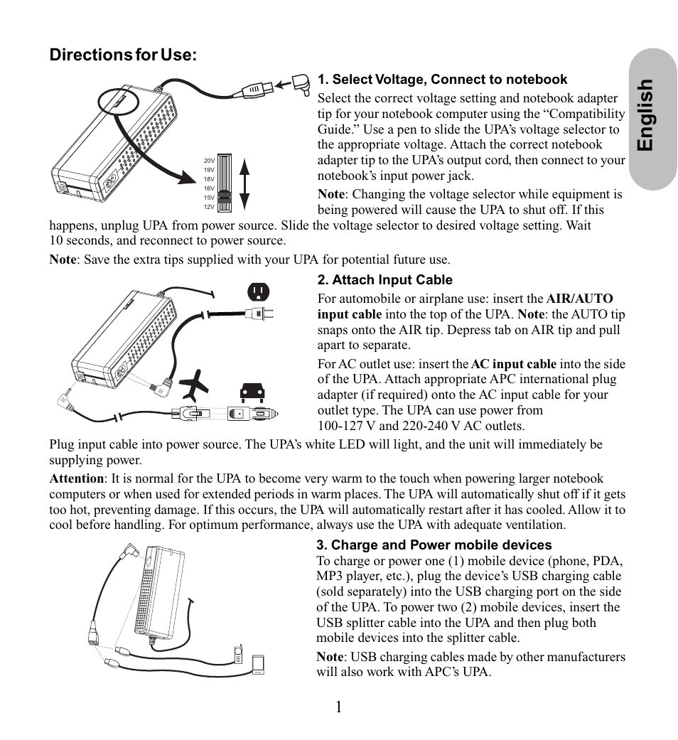English, 1 directions for use | American Power Conversion UPA9 User Manual | Page 3 / 52