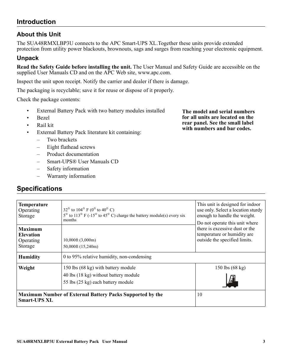 Introduction, Specifications | American Power Conversion SUA48RMXLBP3U User Manual | Page 3 / 8