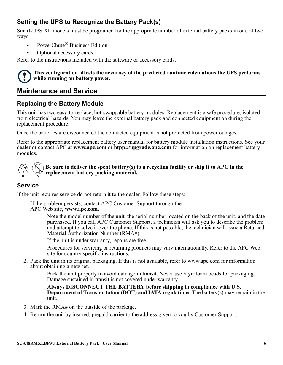 Maintenance and service | American Power Conversion SUA48RMXLBP3U User Manual | Page 6 / 8