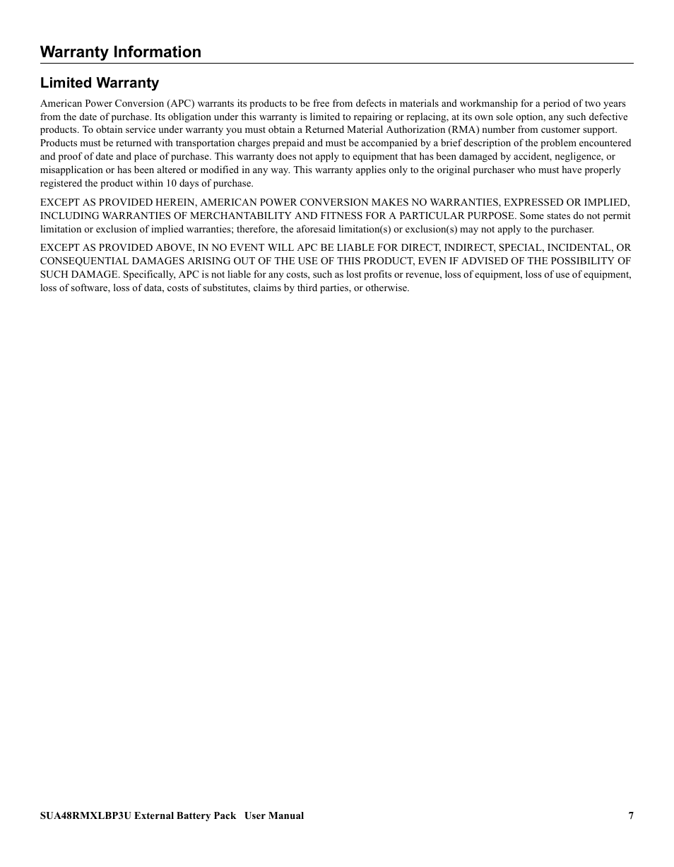 Warranty information, Limited warranty | American Power Conversion SUA48RMXLBP3U User Manual | Page 7 / 8