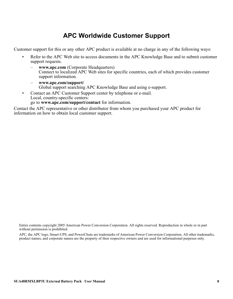 Apc worldwide customer support | American Power Conversion SUA48RMXLBP3U User Manual | Page 8 / 8