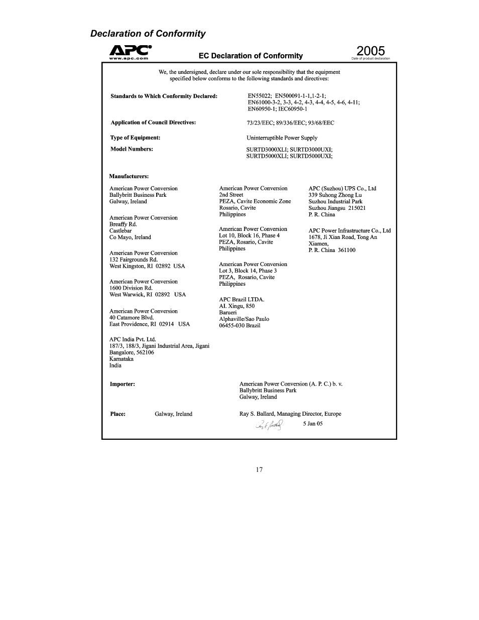 Declaration of conformity | American Power Conversion UXI/UXICH User Manual | Page 19 / 20