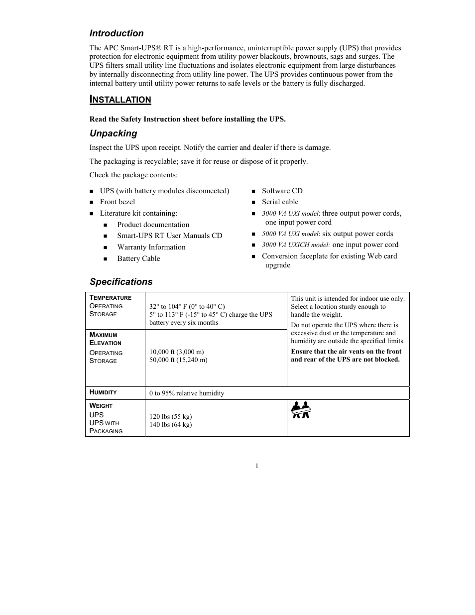 Introduction, Unpacking, Specifications | Nstallation | American Power Conversion UXI/UXICH User Manual | Page 3 / 20