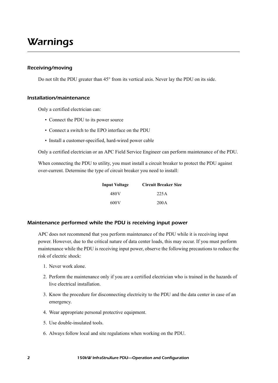 Warnings, Receiving/moving, Installation/maintenance | American Power Conversion PD150G6F User Manual | Page 10 / 84