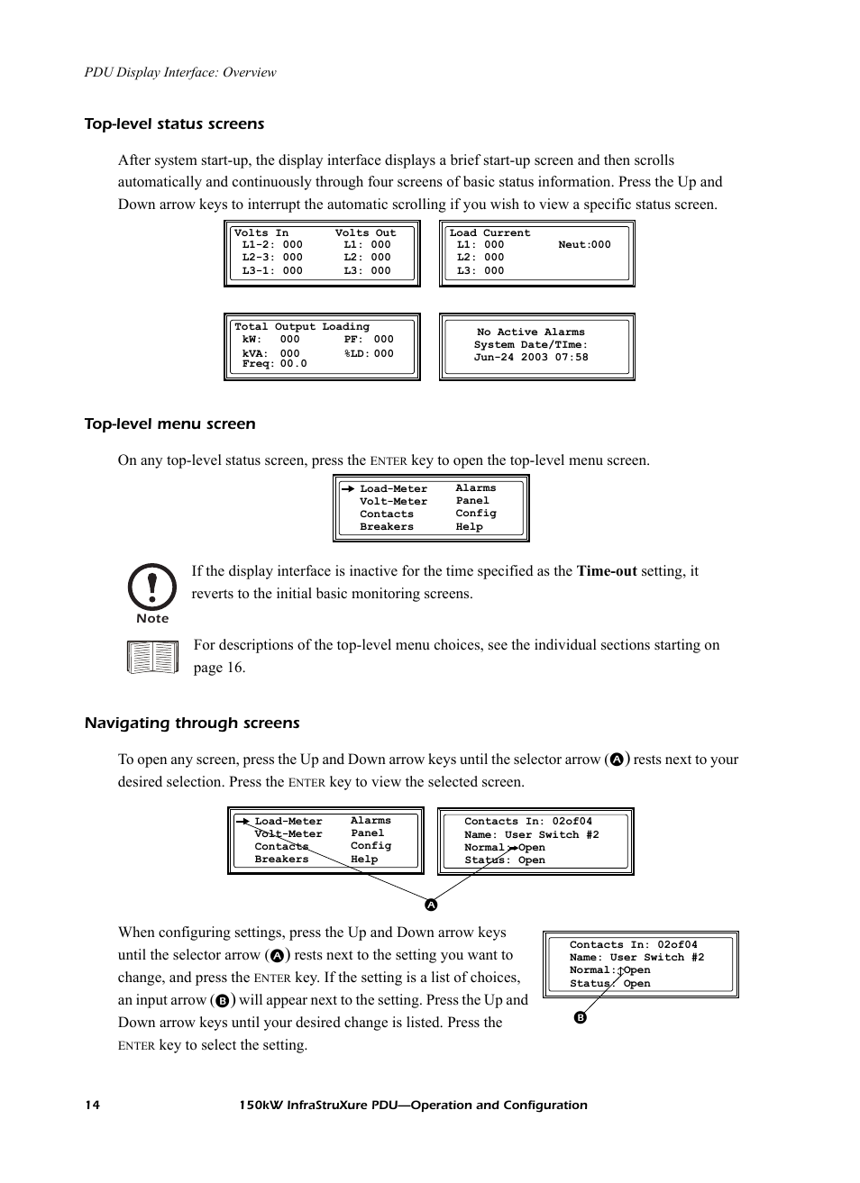 Top-level status screens, Top-level menu screen, Navigating through screens | American Power Conversion PD150G6F User Manual | Page 22 / 84