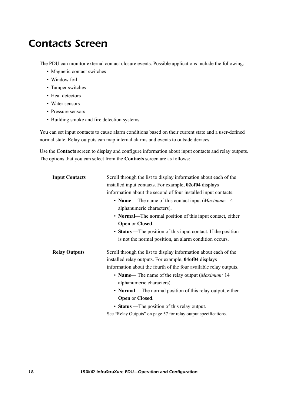 Contacts screen | American Power Conversion PD150G6F User Manual | Page 26 / 84
