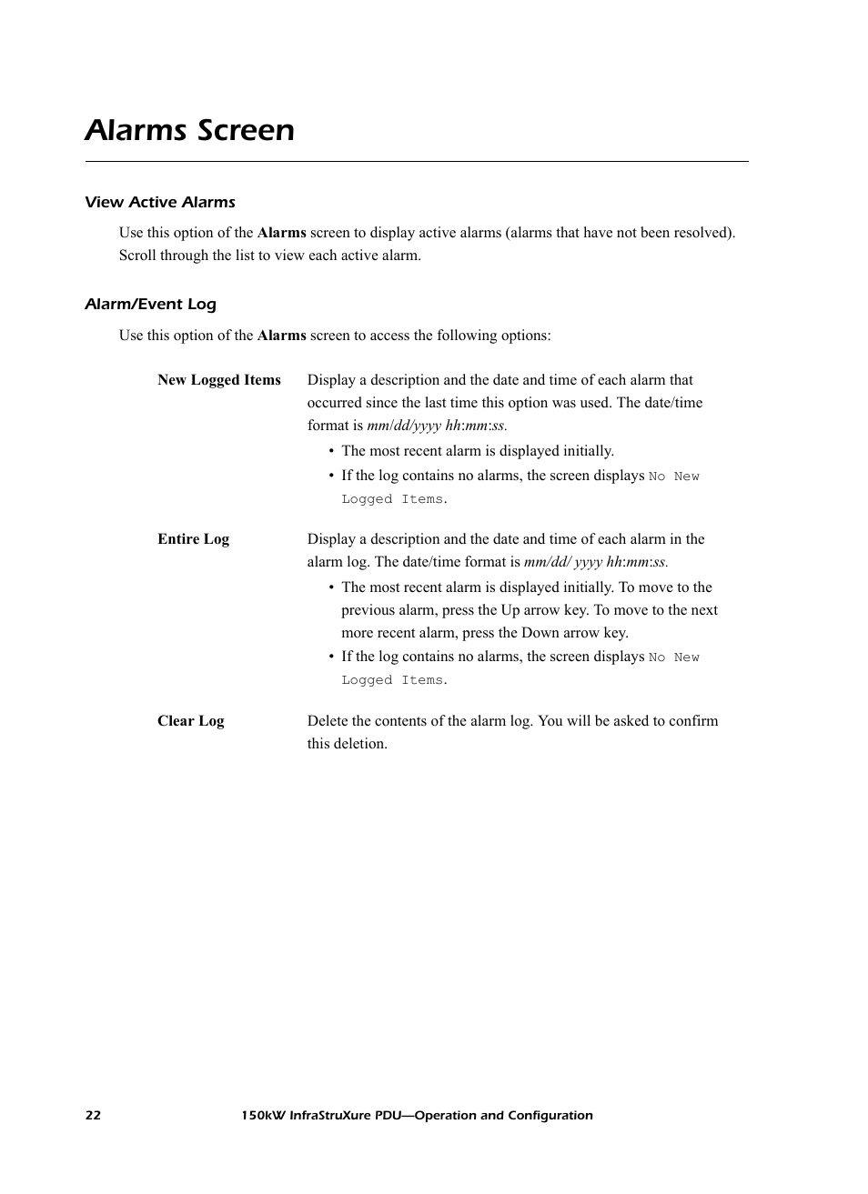 Alarms screen, View active alarms, Alarm/event log | American Power Conversion PD150G6F User Manual | Page 30 / 84