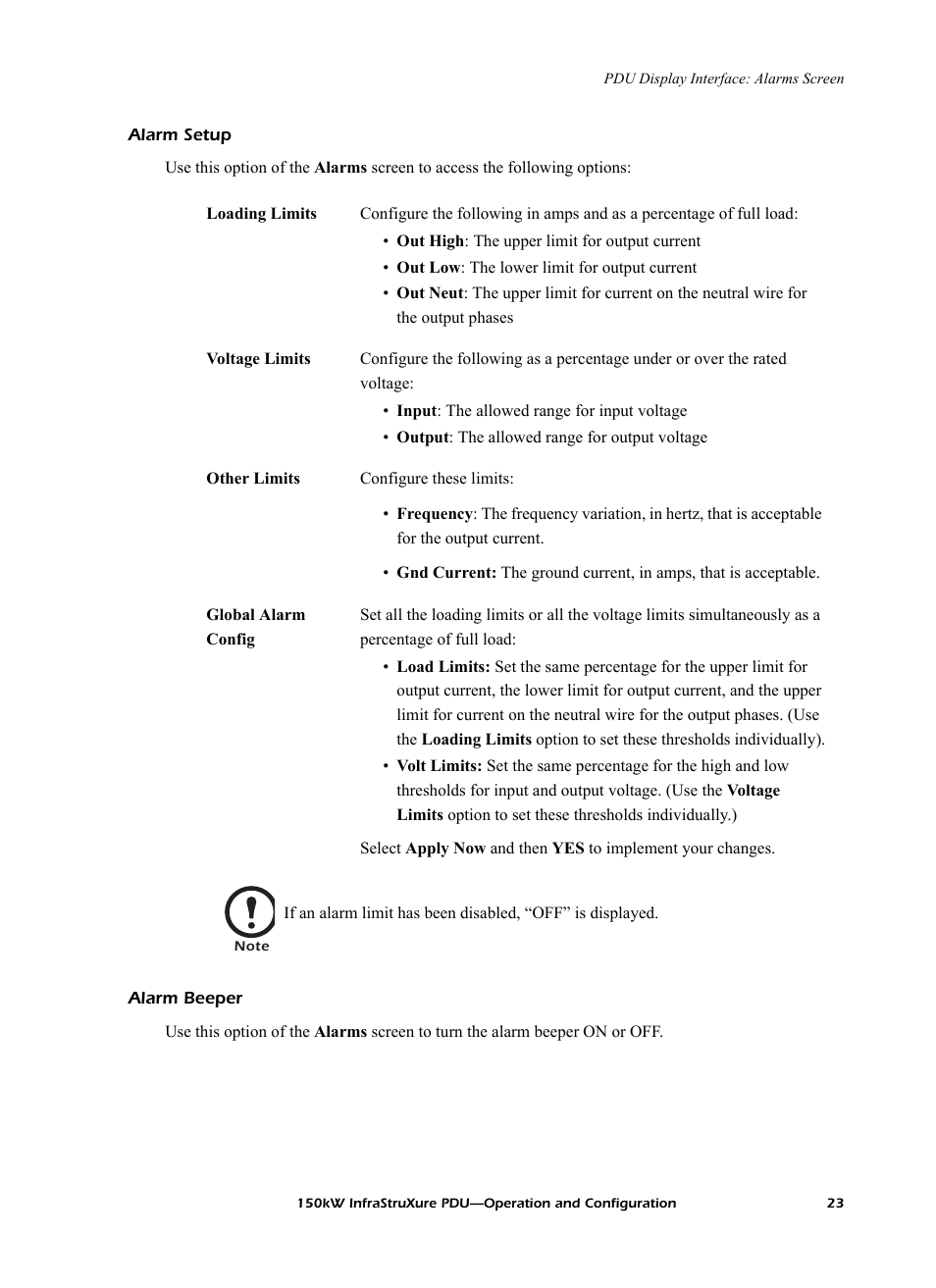 Alarm setup, Alarm beeper | American Power Conversion PD150G6F User Manual | Page 31 / 84