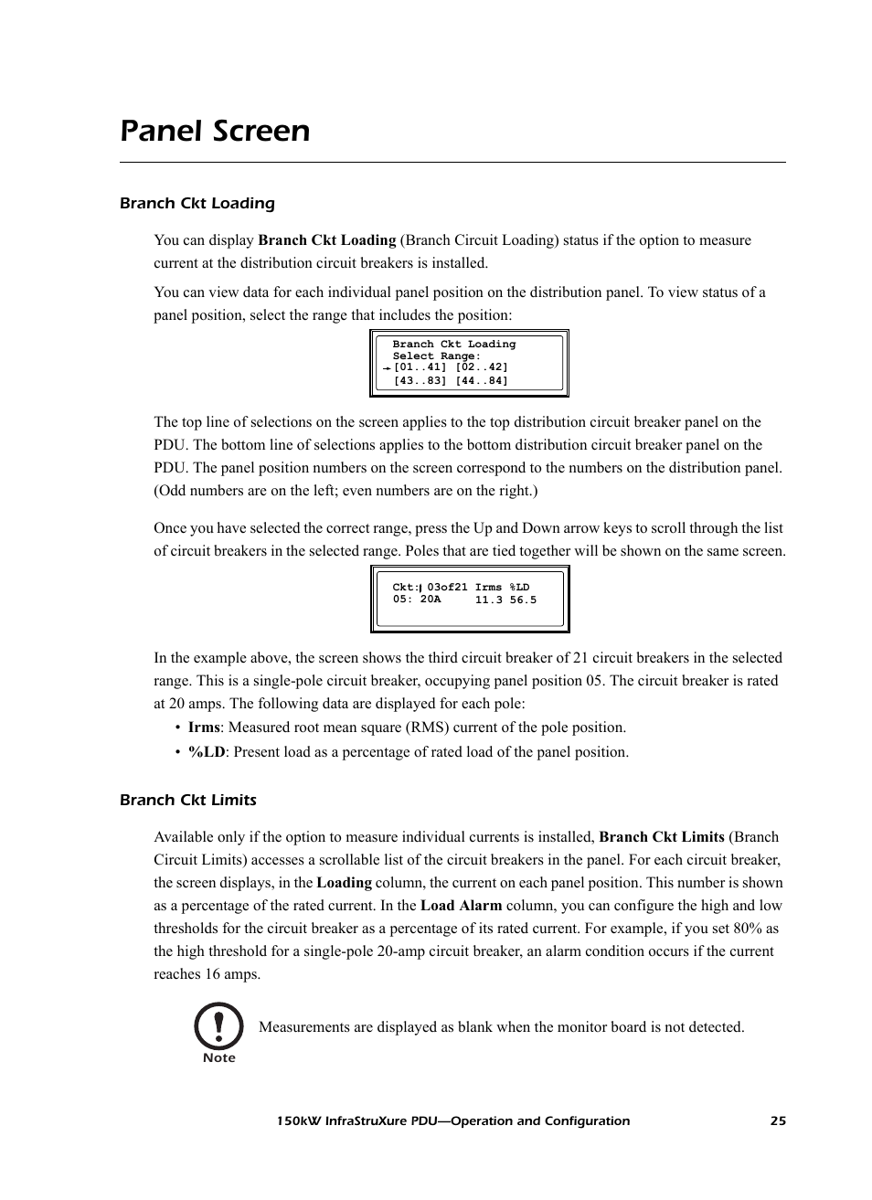 Panel screen, Branch ckt loading, Branch ckt limits | American Power Conversion PD150G6F User Manual | Page 33 / 84