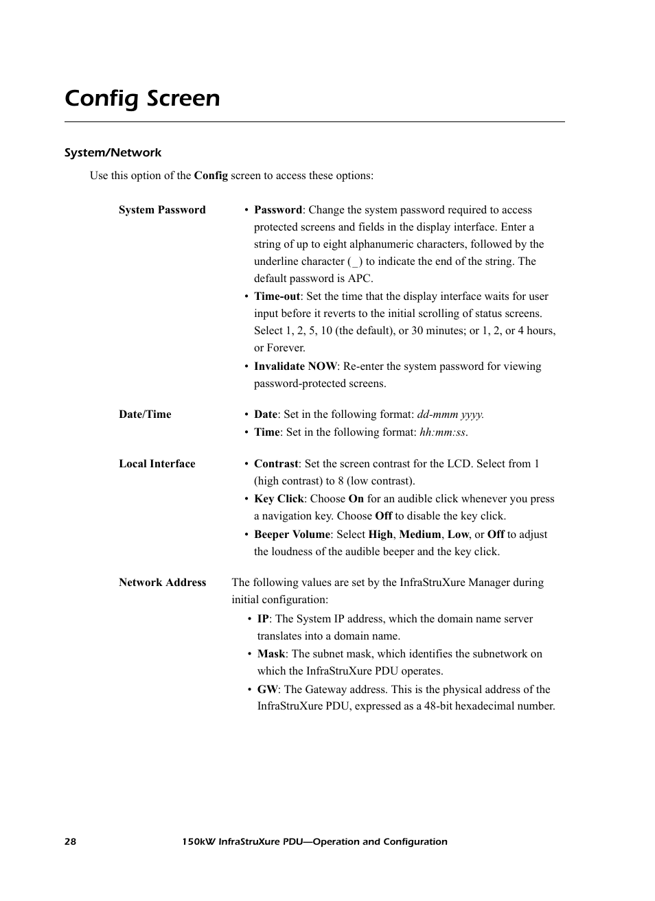 Config screen, System/network | American Power Conversion PD150G6F User Manual | Page 36 / 84