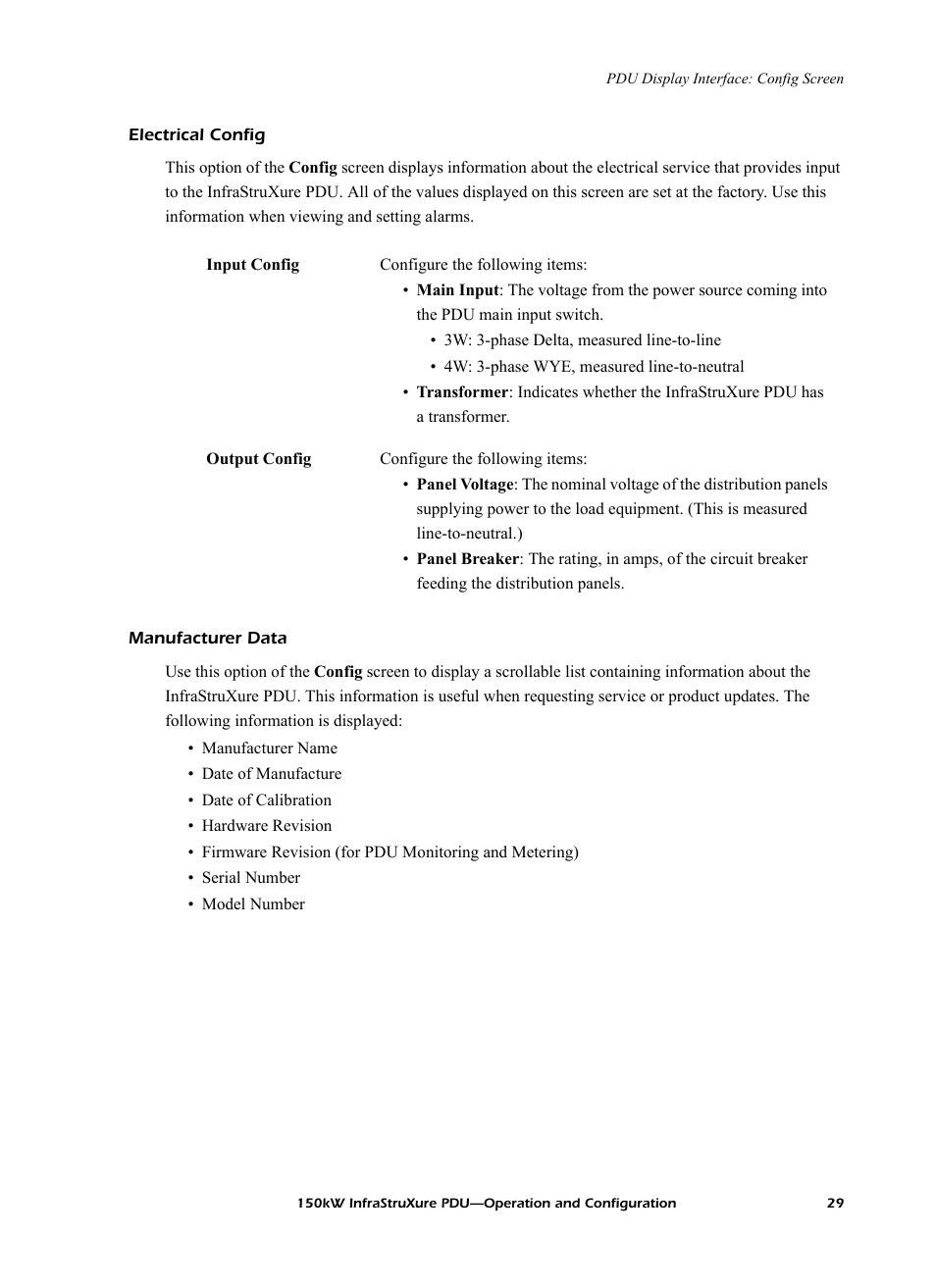 Electrical config, Manufacturer data | American Power Conversion PD150G6F User Manual | Page 37 / 84