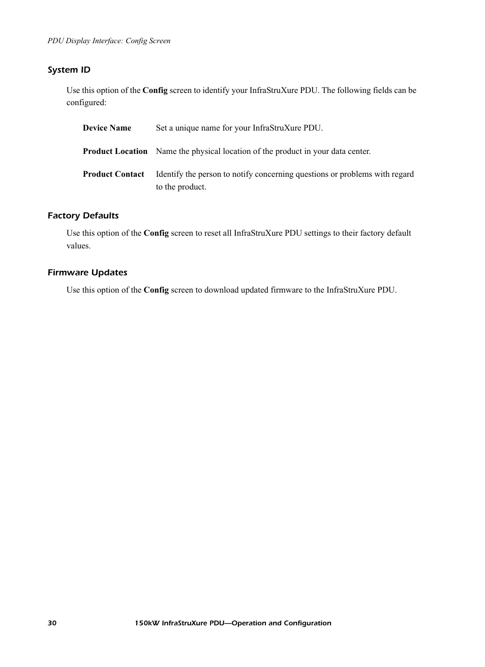 Firmware updates, System id, Factory defaults | American Power Conversion PD150G6F User Manual | Page 38 / 84