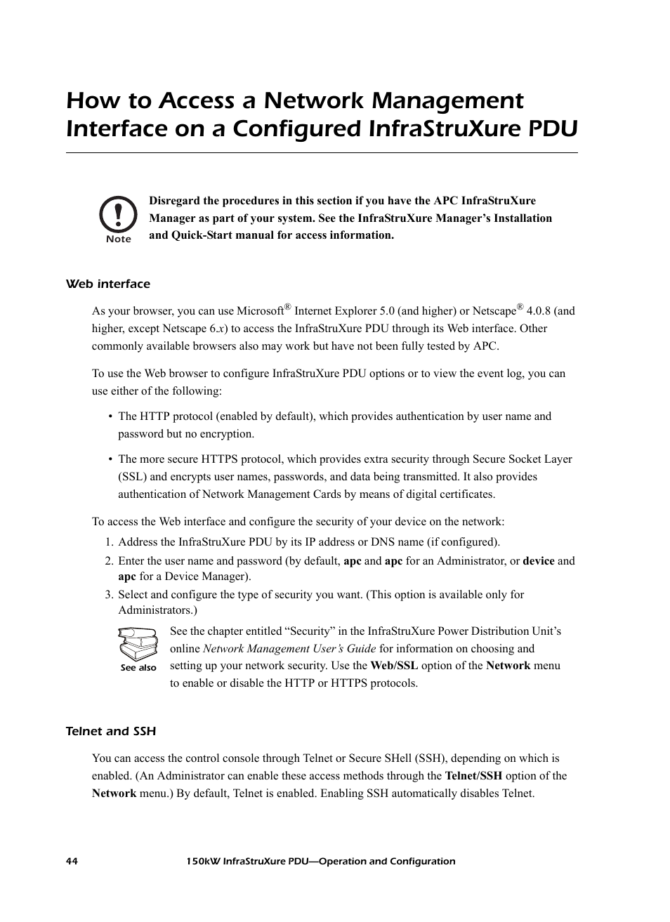 Web interface, Telnet and ssh | American Power Conversion PD150G6F User Manual | Page 52 / 84