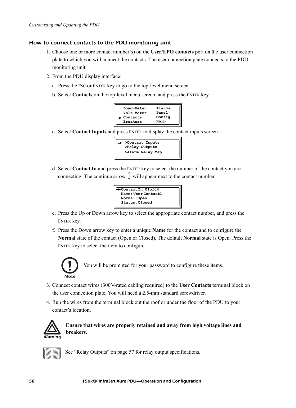 How to connect contacts to the pdu monitoring unit, 58 for more | American Power Conversion PD150G6F User Manual | Page 66 / 84