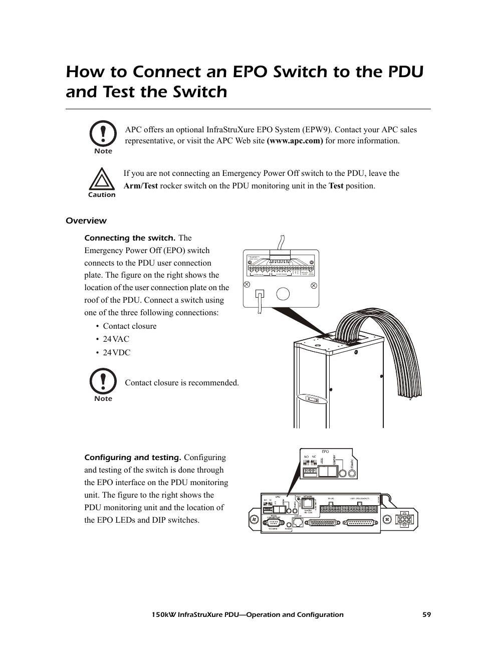 Overview, Contact closure is recommended, Connecting the switch | Configuring and testing, Caution | American Power Conversion PD150G6F User Manual | Page 67 / 84