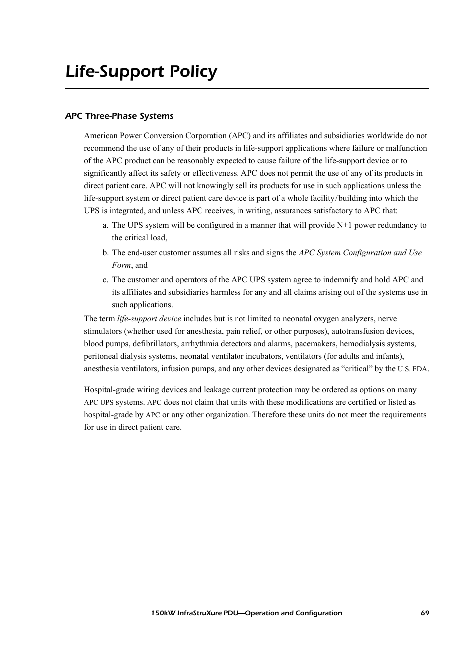 Life-support policy, Apc three-phase systems | American Power Conversion PD150G6F User Manual | Page 77 / 84