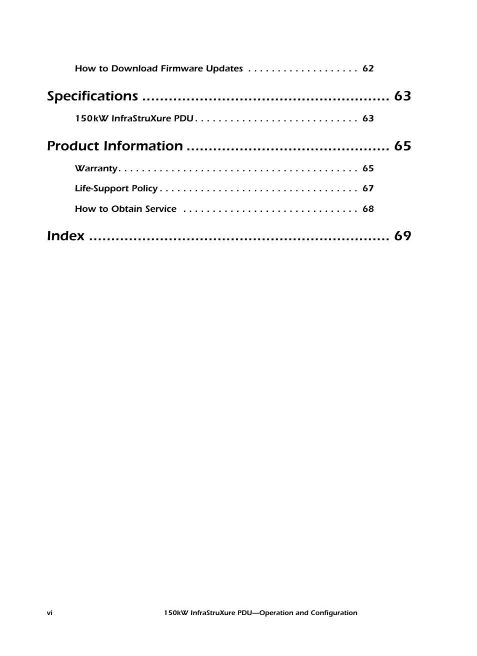 Specifications, Product information, Index | American Power Conversion PD150G6F User Manual | Page 8 / 84