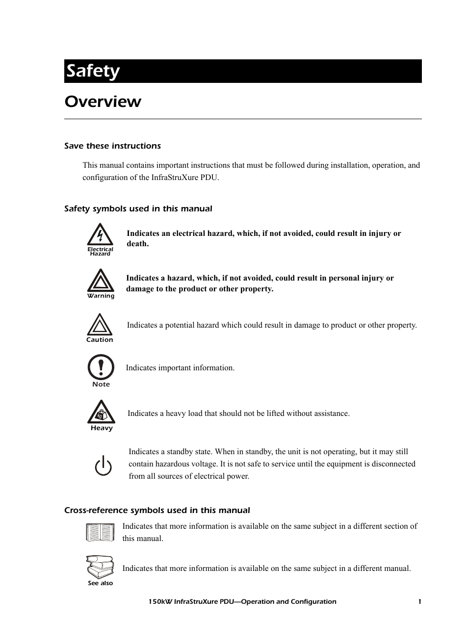 Safety, Overview, Save these instructions | Safety symbols used in this manual, Cross-reference symbols used in this manual | American Power Conversion PD150G6F User Manual | Page 9 / 84