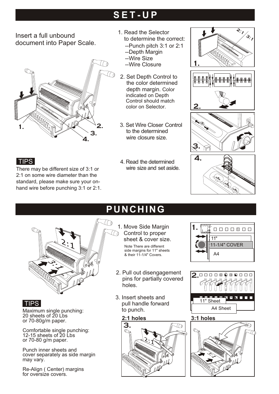 S e t - u p, Insert a full unbound document into paper scale, Tips | 1 holes 3:1 holes, 11" sheet a4 sheet | Akiles WireMac-Combo User Manual | Page 2 / 4