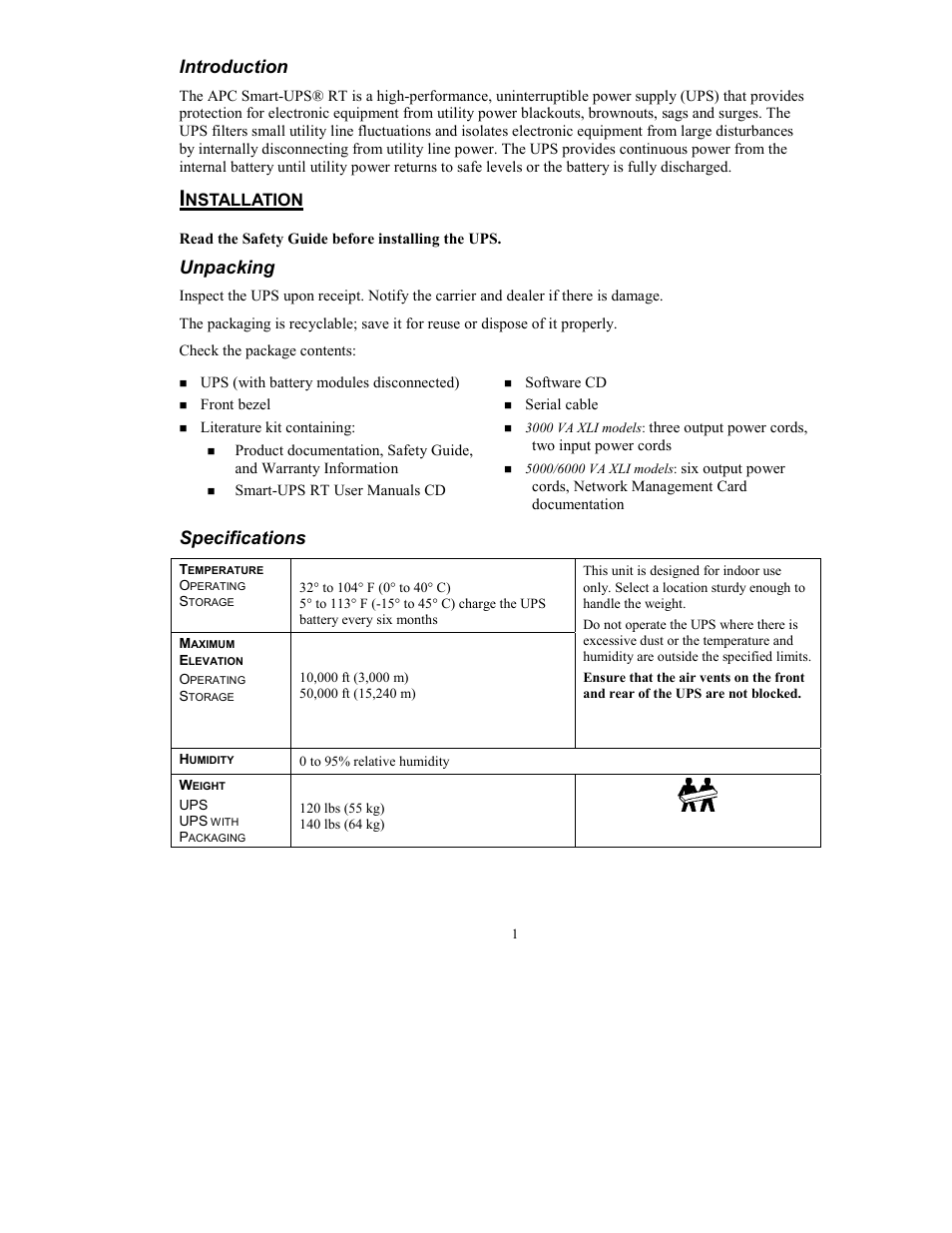 Introduction, Unpacking, Specifications | Nstallation | American Power Conversion RT User Manual | Page 3 / 21