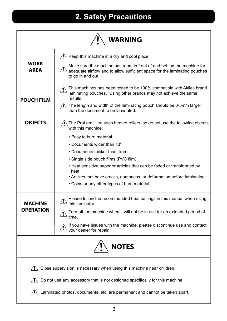 Warning, Safety precautions | Akiles ProLam-Ultra User Manual | Page 4 / 8