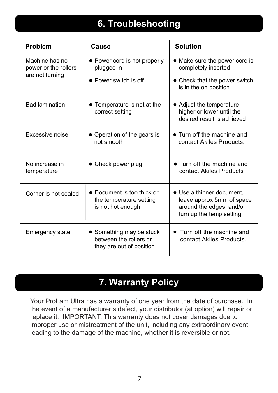 Warranty policy 6. troubleshooting | Akiles ProLam-Ultra User Manual | Page 8 / 8