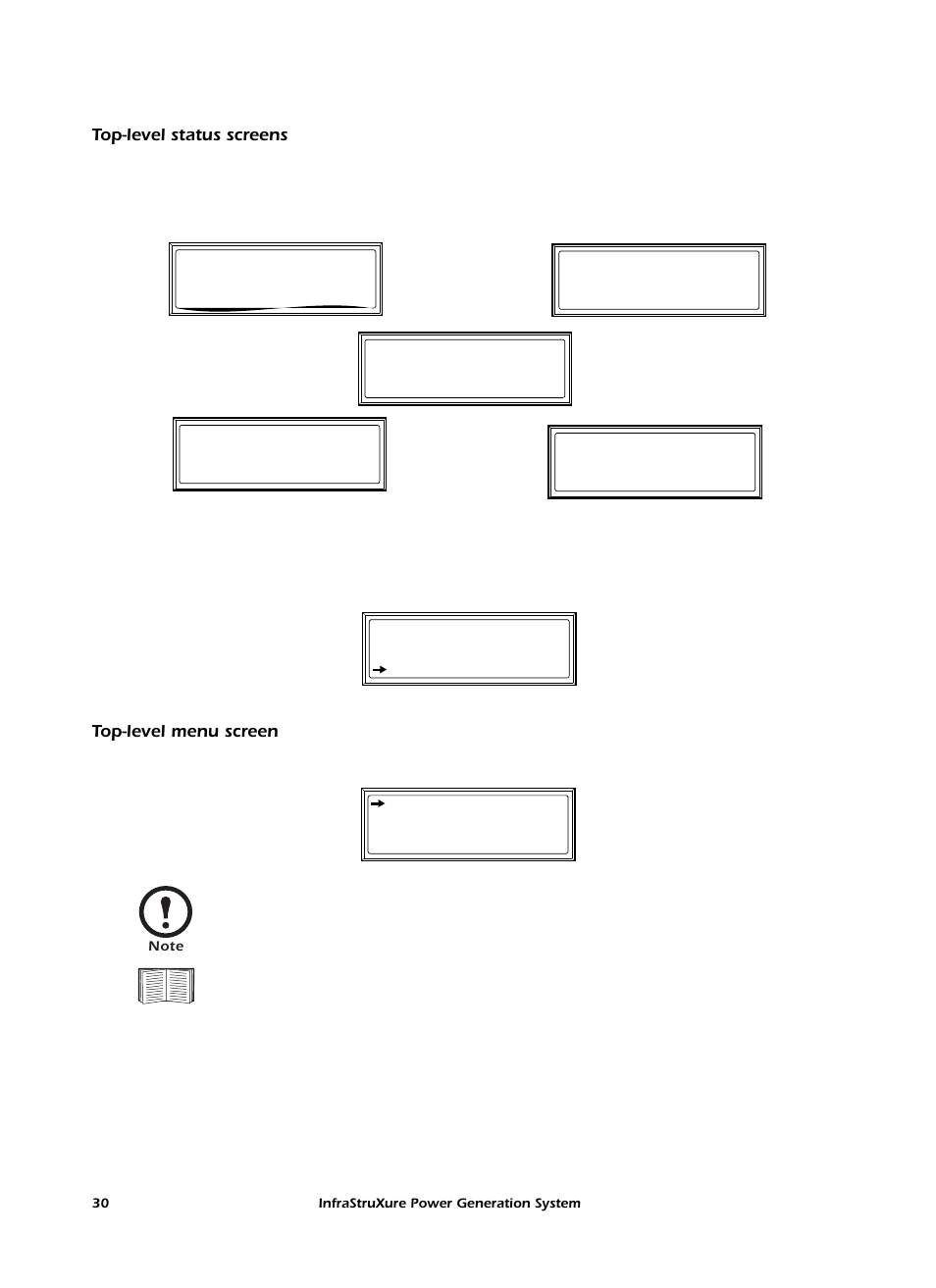 Top-level status screens, Top-level menu screen | American Power Conversion 250 A User Manual | Page 40 / 100