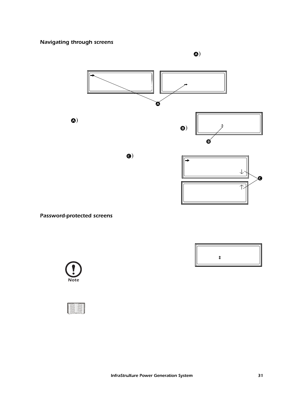 Navigating through screens, Password-protected screens | American Power Conversion 250 A User Manual | Page 41 / 100