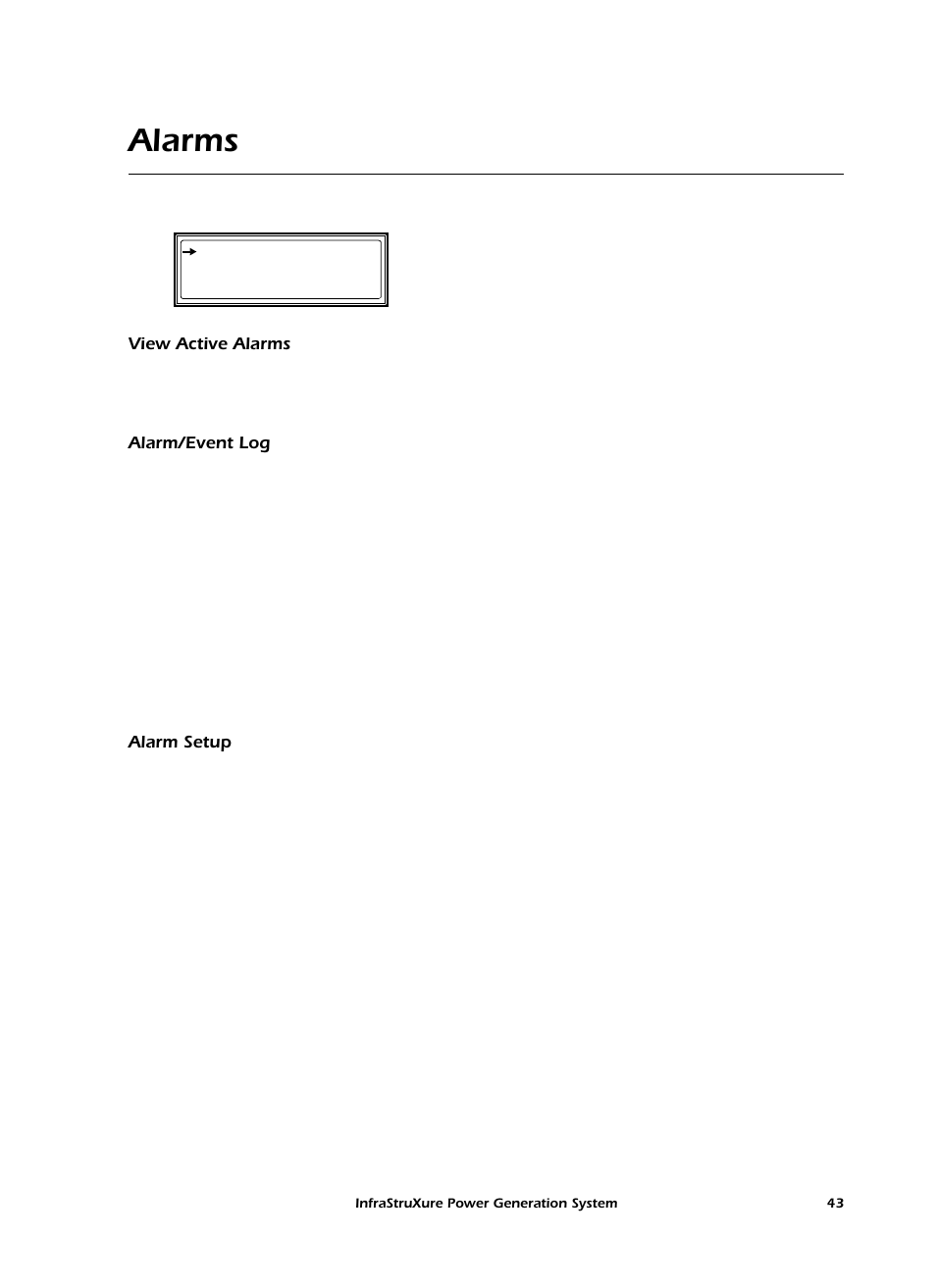 Alarms, View active alarms, Alarm/event log | Alarm setup | American Power Conversion 250 A User Manual | Page 53 / 100