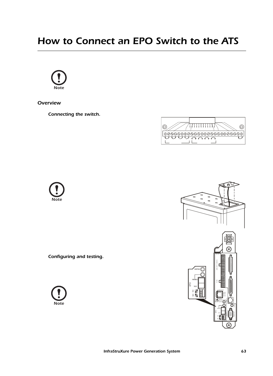 How to connect an epo switch to the ats, Overview, Connecting the switch | Configuring and testing, Infrastruxure power generation system 63 | American Power Conversion 250 A User Manual | Page 73 / 100
